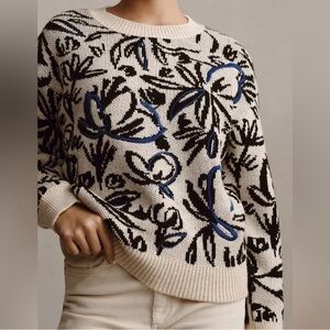 Anthropologie Floral Pop Embroidery Sweater in Cream and Black. Size XS